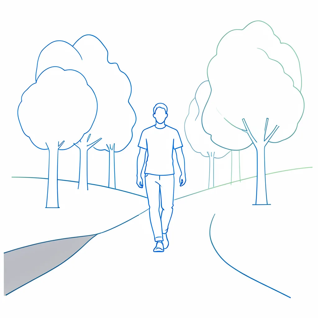 A minimal line drawing of a person walking outdoors on a path surrounded by simple tree shapes, in calm slate-blue and cream